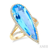 26X9 MM Evoque Gemstones Pear Shape Blue Topaz and 1/3 Ctw Round Cut Diamond Halo Semi-Precious Ring in 14K Yellow Gold