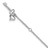 14k White Gold Cable Chain with Puffed Heart and Key Dangle 9 inch Plus 1 inch Extender - Total 10 inch Anklet