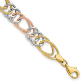 14k Tri-color Polished and Textured 8.5mm Fancy Double Link 7.25 inch Bracelet
