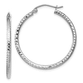 14k White Gold 2x30mm Diamond-cut Round Tube Hoop Earrings