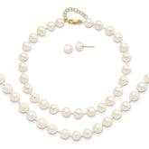 14k 6-7mm White Round Freshwater Cultured Pearl 7.25 inch with 1 Extender Bracelet/18 inch with 2 inch Extender Necklace/Button Earrings Set
