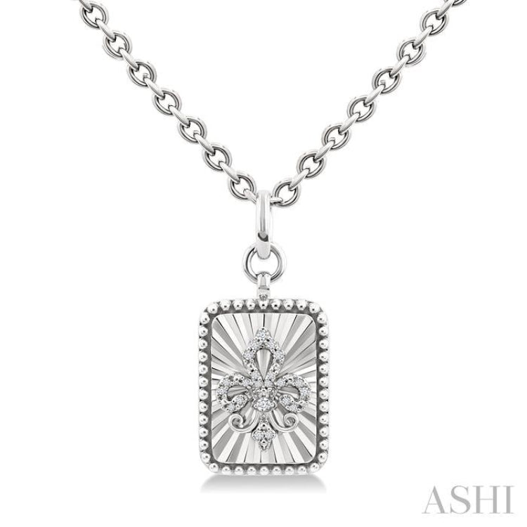 1/10 Ctw Rectangle fluted medallion Single Cut Diamond Fleur-De-Lis Pendant With Chain in Sterling Silver 1/10 Ctw Rectangle fluted medallion Single Cut Diamond Fleur-De-Lis Pendant With Chain in Sterling Silver
