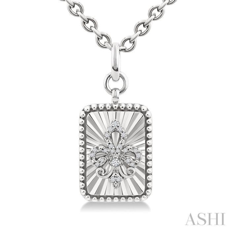 1/10 Ctw Rectangle fluted medallion Single Cut Diamond Fleur-De-Lis Pendant With Chain in Sterling Silver 1/10 Ctw Rectangle fluted medallion Single Cut Diamond Fleur-De-Lis Pendant With Chain in Sterling Silver
