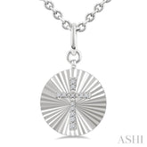 1/10 Ctw Round Fluted Medallion Single Cut Diamond Cross Pendant With Chain in Sterling Silver
