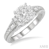 7/8 Ctw Circular Mount Lovebright Round Cut and Baguette Diamond Engagement Ring in 14K White Gold