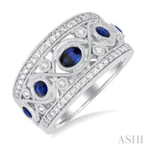 4x3 MM Oval, 2.8 MM and 2.4 MM Round Cut Sapphire and 3/8 ctw Criss-Cross Framework Single Cut Diamond Precious Band in 14K White Gold