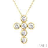 2 Ctw Round Cut Diamond 6-Stone Bezel Set Cross Pendant With Chain in 14K Yellow Gold