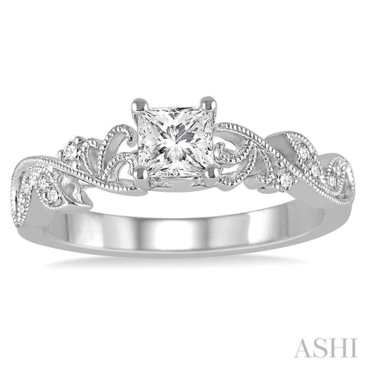 1/10 Ctw Princess Cut Center Semi-Mount Diamond Leaf Motif Engagement Ring in 14K White Gold 1/10 Ctw Princess Cut Center Semi-Mount Diamond Leaf Motif Engagement Ring in 14K White Gold