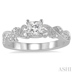1/10 Ctw Princess Cut Center Semi-Mount Diamond Leaf Motif Engagement Ring in 14K White Gold 1/10 Ctw Princess Cut Center Semi-Mount Diamond Leaf Motif Engagement Ring in 14K White Gold