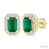 5x3 MM Octagonal Shape Emerald and 1/8 Ctw Single Cut Diamond Halo Precious Stud Earrings in 10K Yellow Gold