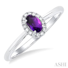 5x3 MM Oval Shape Amethyst and 1/20 Ctw Single Cut Diamond Halo Semi-Precious Ring in 14K White Gold 5x3 MM Oval Shape Amethyst and 1/20 Ctw Single Cut Diamond Halo Semi-Precious Ring in 14K White Gold
