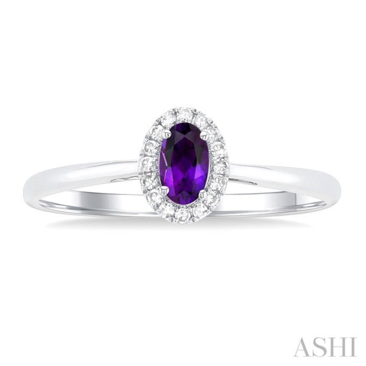 5x3 MM Oval Shape Amethyst and 1/20 Ctw Single Cut Diamond Halo Semi-Precious Ring in 14K White Gold 5x3 MM Oval Shape Amethyst and 1/20 Ctw Single Cut Diamond Halo Semi-Precious Ring in 14K White Gold