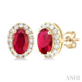5x3 MM Oval Shape Ruby and 1/8 Ctw Single Cut Diamond Halo Precious Stud Earrings in 10K Yellow Gold