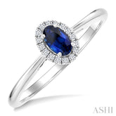 5x3 MM Oval Shape Sapphire and 1/20 Ctw Round Cut Diamond Halo Precious Ring in 10K White Gold