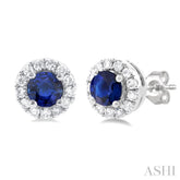 3.25 MM Round Sapphire and 1/10 Ctw Single Cut Diamond Halo Precious Stud Earrings in 10K White Gold