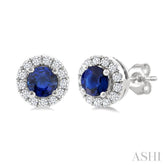 3.25 MM Round Sapphire and 1/10 Ctw Single Cut Diamond Halo Precious Stud Earrings in 10K White Gold