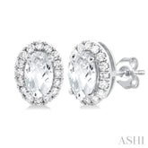 5x3 MM Oval Shape White Topaz and 1/8 Ctw Round Cut Diamond Halo Semi-Precious Stud Earrings in 14K White Gold