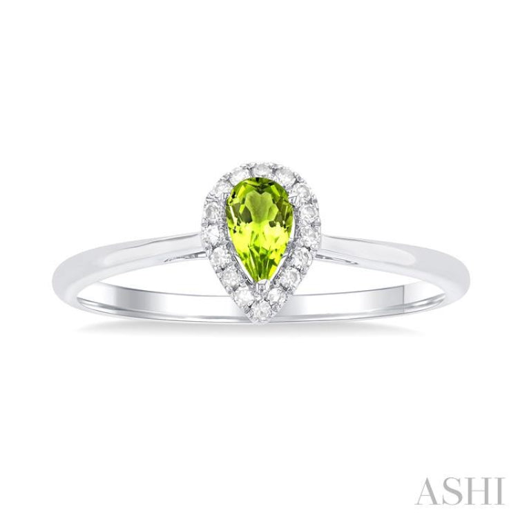 5x3 MM Pear Shape Peridot and 1/20 Ctw Single Cut Diamond Halo Semi-Precious Ring in 10K White Gold 5x3 MM Pear Shape Peridot and 1/20 Ctw Single Cut Diamond Halo Semi-Precious Ring in 10K White Gold