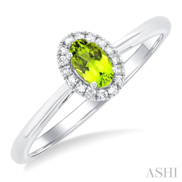 5x3 MM Oval Shape Peridot and 1/20 Ctw Single Cut Diamond Halo Semi-Precious Ring in 10K White Gold 5x3 MM Oval Shape Peridot and 1/20 Ctw Single Cut Diamond Halo Semi-Precious Ring in 10K White Gold