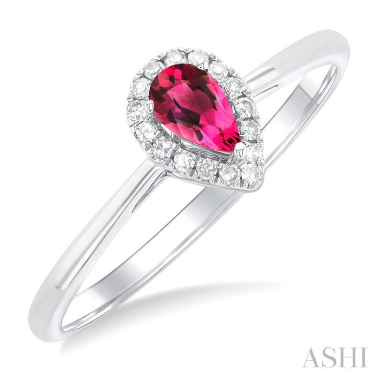 5x3 MM Pear Shape Pink Tourmaline and 1/20 Ctw Single Cut Diamond Halo Semi-Precious Ring in 10K White Gold 5x3 MM Pear Shape Pink Tourmaline and 1/20 Ctw Single Cut Diamond Halo Semi-Precious Ring in 10K White Gold