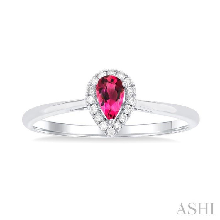 5x3 MM Pear Shape Pink Tourmaline and 1/20 Ctw Single Cut Diamond Halo Semi-Precious Ring in 10K White Gold 5x3 MM Pear Shape Pink Tourmaline and 1/20 Ctw Single Cut Diamond Halo Semi-Precious Ring in 10K White Gold