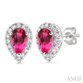 5x3 MM Pear Shape Pink Tourmaline and 1/8 Ctw Round Cut Diamond Halo Semi-Precious Stud Earrings in 10K White Gold