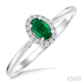 5x3 MM Oval Shape Emerald and 1/20 Ctw Round Cut Diamond Halo Precious Ring in 14K White Gold
