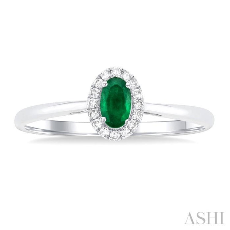 5x3 MM Oval Shape Emerald and 1/20 Ctw Single Cut Diamond Halo Precious Ring in 14K White Gold 5x3 MM Oval Shape Emerald and 1/20 Ctw Single Cut Diamond Halo Precious Ring in 14K White Gold