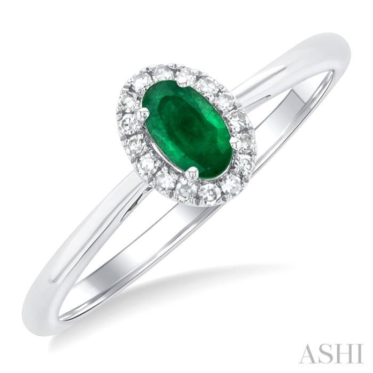 5x3 MM Oval Shape Emerald and 1/20 Ctw Single Cut Diamond Halo Precious Ring in 10K White Gold 5x3 MM Oval Shape Emerald and 1/20 Ctw Single Cut Diamond Halo Precious Ring in 10K White Gold