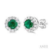 3.25 MM Round Emerald and 1/10 Ctw Single Cut Diamond Halo Precious Stud Earrings in 10K White Gold