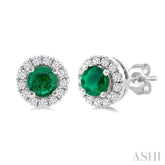 3.25 MM Round Emerald and 1/10 Ctw Single Cut Diamond Halo Precious Stud Earrings in 10K White Gold