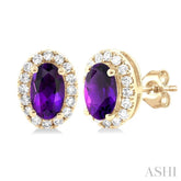 5x3 MM Oval Shape Amethyst and 1/8 Ctw Round Cut Diamond Halo Semi-Precious Stud Earrings in 10K Yellow Gold