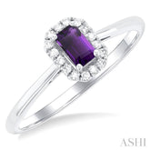 5x3 MM Octagonal Shape Amethyst and 1/20 Ctw Single Cut Diamond Halo Semi-Precious Ring in 14K White Gold
