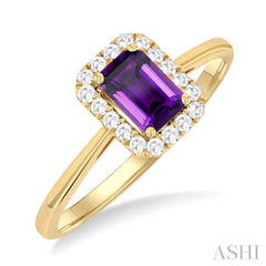 6x4 MM Octagonal Shape Amethyst and 1/6 Ctw Round Cut Diamond Halo Semi-Precious Ring in 14K Yellow Gold 6x4 MM Octagonal Shape Amethyst and 1/6 Ctw Round Cut Diamond Halo Semi-Precious Ring in 14K Yellow Gold
