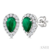 5x3 MM Pear Shape Emerald and 1/8 Ctw Single Cut Diamond Halo Precious Stud Earrings in 10K White Gold