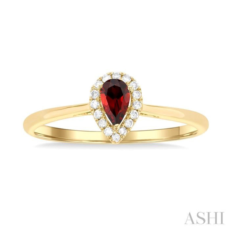 5x3 MM Pear Shape Garnet and 1/20 Ctw Single Cut Diamond Halo Semi-Precious Ring in 10K Yellow Gold 5x3 MM Pear Shape Garnet and 1/20 Ctw Single Cut Diamond Halo Semi-Precious Ring in 10K Yellow Gold