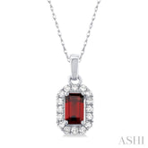 5x3 MM Octagonal Shape Garnet and 1/20 Ctw Single Cut Diamond Halo Semi-Precious Pendant with Chain in 10K White Gold