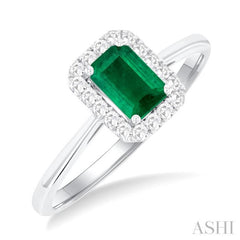 6x4 MM Octagonal Shape Emerald and 1/6 Ctw Round Cut Diamond Halo Precious Ring in 10K White Gold 6x4 MM Octagonal Shape Emerald and 1/6 Ctw Round Cut Diamond Halo Precious Ring in 10K White Gold