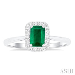 6x4 MM Octagonal Shape Emerald and 1/6 Ctw Round Cut Diamond Halo Precious Ring in 10K White Gold 6x4 MM Octagonal Shape Emerald and 1/6 Ctw Round Cut Diamond Halo Precious Ring in 10K White Gold