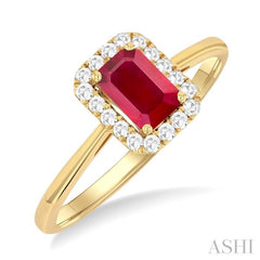6x4 MM Octagonal Shape Ruby and 1/6 Ctw Round Cut Diamond Halo Precious Ring in 10K Yellow Gold 6x4 MM Octagonal Shape Ruby and 1/6 Ctw Round Cut Diamond Halo Precious Ring in 10K Yellow Gold