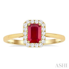 6x4 MM Octagonal Shape Ruby and 1/6 Ctw Round Cut Diamond Halo Precious Ring in 10K Yellow Gold 6x4 MM Octagonal Shape Ruby and 1/6 Ctw Round Cut Diamond Halo Precious Ring in 10K Yellow Gold