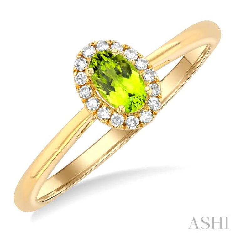 5x3 MM Oval Shape Peridot and 1/20 Ctw Single Cut Diamond Halo Semi-Precious Ring in 10K Yellow Gold 5x3 MM Oval Shape Peridot and 1/20 Ctw Single Cut Diamond Halo Semi-Precious Ring in 10K Yellow Gold