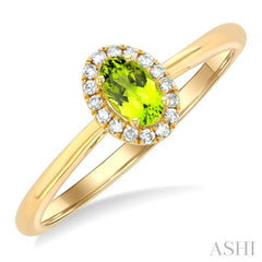5x3 MM Oval Shape Peridot and 1/20 Ctw Single Cut Diamond Halo Semi-Precious Ring in 10K Yellow Gold 5x3 MM Oval Shape Peridot and 1/20 Ctw Single Cut Diamond Halo Semi-Precious Ring in 10K Yellow Gold