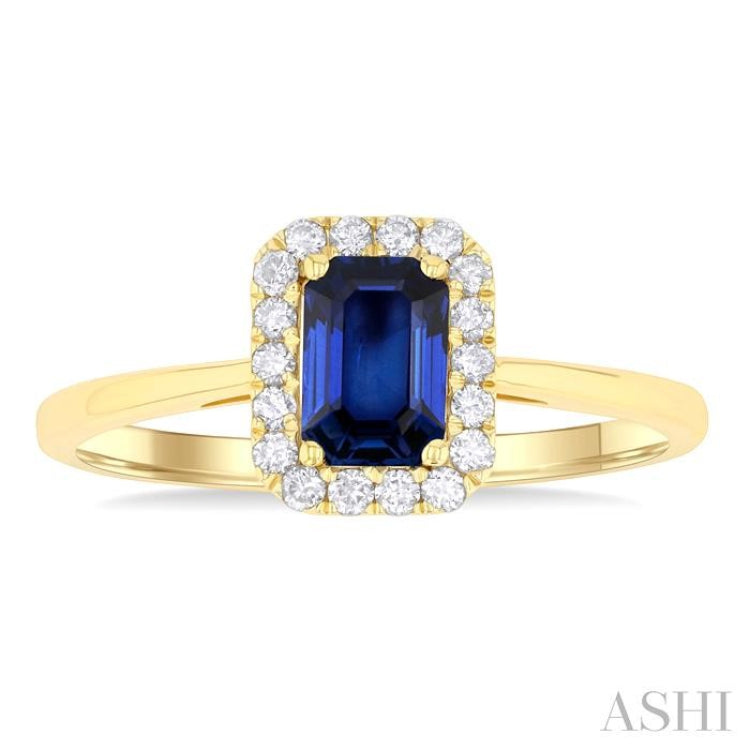 6x4 MM Octagonal Shape Sapphire and 1/6 Ctw Round Cut Diamond Halo Precious Ring in 14K Yellow Gold 6x4 MM Octagonal Shape Sapphire and 1/6 Ctw Round Cut Diamond Halo Precious Ring in 14K Yellow Gold