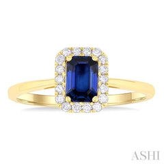 6x4 MM Octagonal Shape Sapphire and 1/6 Ctw Round Cut Diamond Halo Precious Ring in 14K Yellow Gold 6x4 MM Octagonal Shape Sapphire and 1/6 Ctw Round Cut Diamond Halo Precious Ring in 14K Yellow Gold