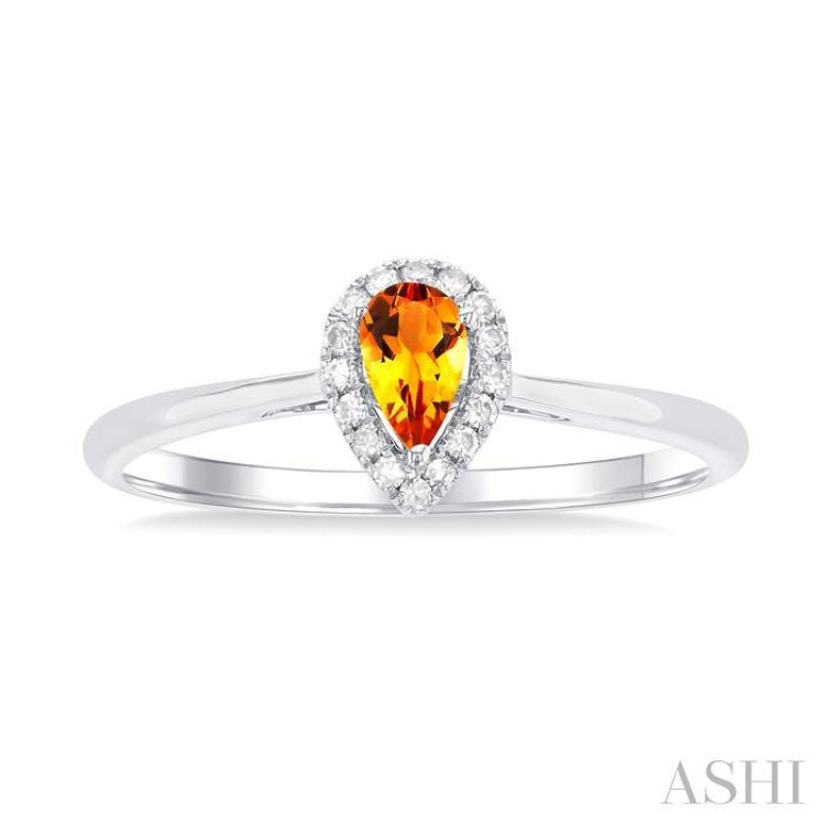 5x3 MM Pear Shape Citrine and 1/20 Ctw Single Cut Diamond Halo Semi-Precious Ring in 14K White Gold 5x3 MM Pear Shape Citrine and 1/20 Ctw Single Cut Diamond Halo Semi-Precious Ring in 14K White Gold