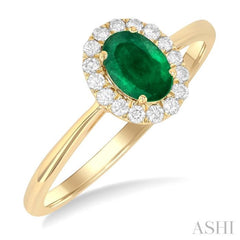 6x4 MM Oval Shape Emerald and 1/6 Ctw Round Cut Diamond Halo Precious Ring in 14K Yellow Gold 6x4 MM Oval Shape Emerald and 1/6 Ctw Round Cut Diamond Halo Precious Ring in 14K Yellow Gold