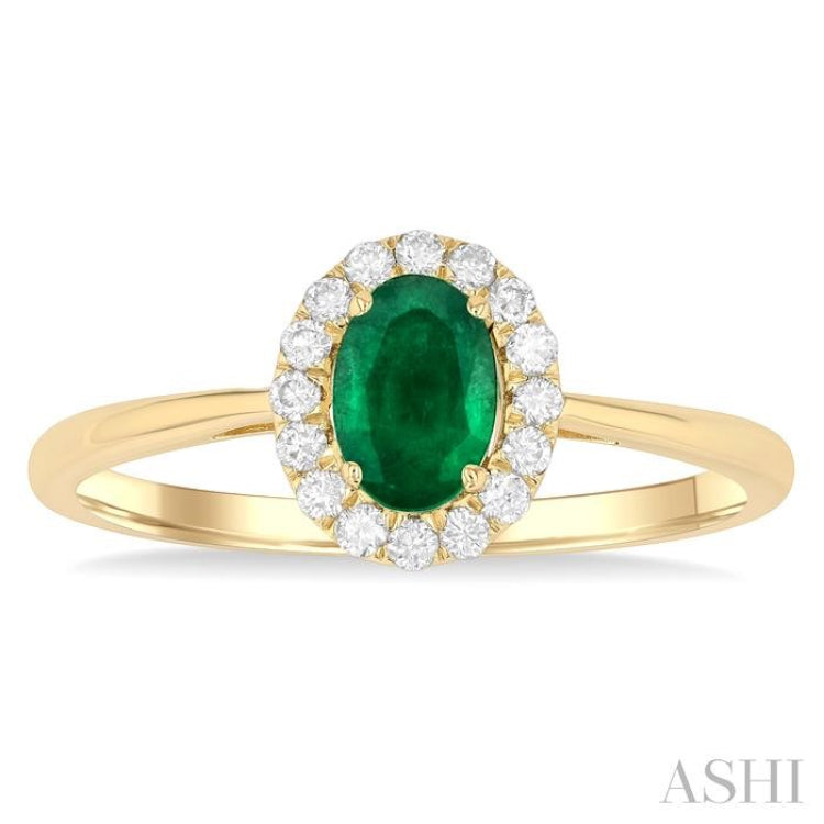 6x4 MM Oval Shape Emerald and 1/6 Ctw Round Cut Diamond Halo Precious Ring in 14K Yellow Gold 6x4 MM Oval Shape Emerald and 1/6 Ctw Round Cut Diamond Halo Precious Ring in 14K Yellow Gold