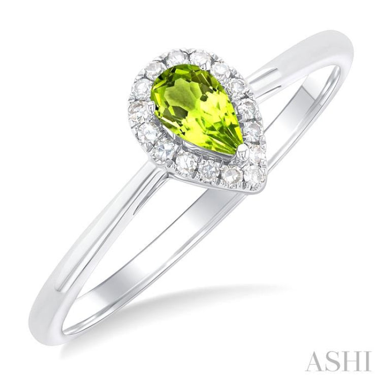 5x3 MM Pear Shape Peridot and 1/20 Ctw Single Cut Diamond Halo Semi-Precious Ring in 14K White Gold 5x3 MM Pear Shape Peridot and 1/20 Ctw Single Cut Diamond Halo Semi-Precious Ring in 14K White Gold