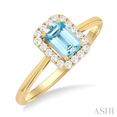 6x4 MM Octagonal Shape Aquamarine and 1/6 Ctw Round Cut Diamond Halo Semi-Precious Ring in 10K Yellow Gold 6x4 MM Octagonal Shape Aquamarine and 1/6 Ctw Round Cut Diamond Halo Semi-Precious Ring in 10K Yellow Gold